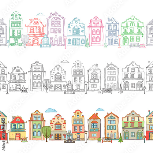 Seamless border pattern with cute houses . Vector doodles