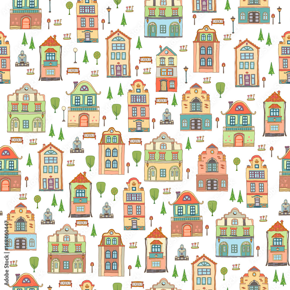 Seamless pattern with small town houses . Vector cute decorative background with bench , tree , lantern and fountain. Seamless pattern with small town houses . Vector cute decorative background with bench , tree , lantern and fountain.