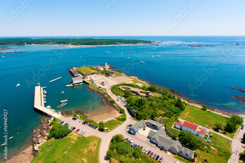 Portsmouth Harbor Lighthouse and Fort Constitution State Historic Site aerial view in summer, New Castle, New Hampshire, USA.