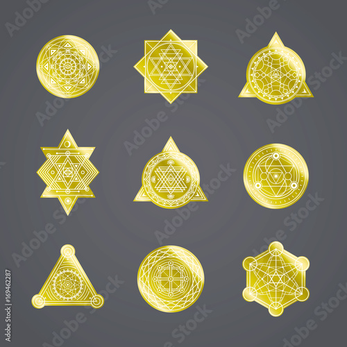 Sacred golden shapes on black background . Vector .
