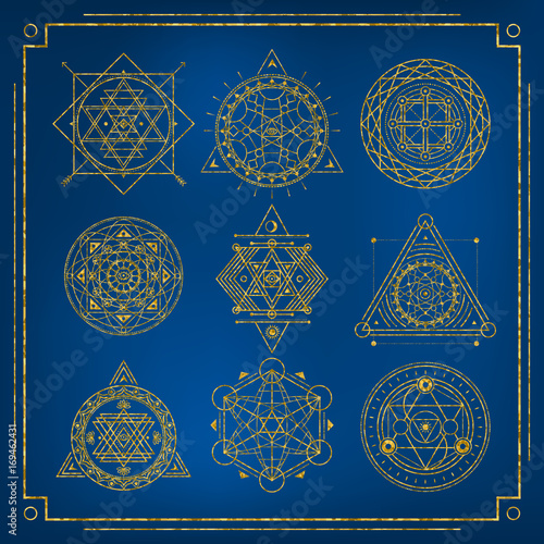 Set of Sacred Geometry golden forms with frame on blue background