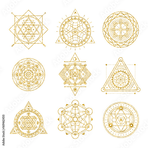 Set of mystical Sacred golden line shapes . Vector