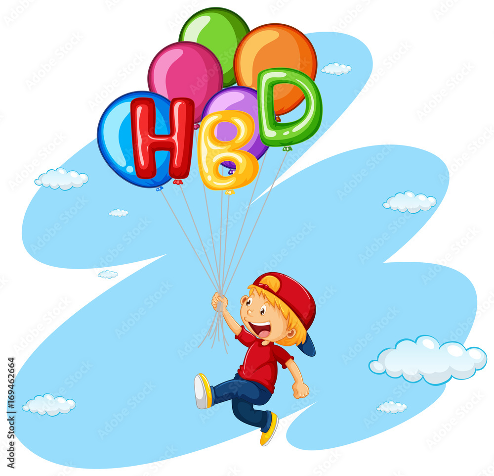 Fototapeta premium Little boy flying with balloons