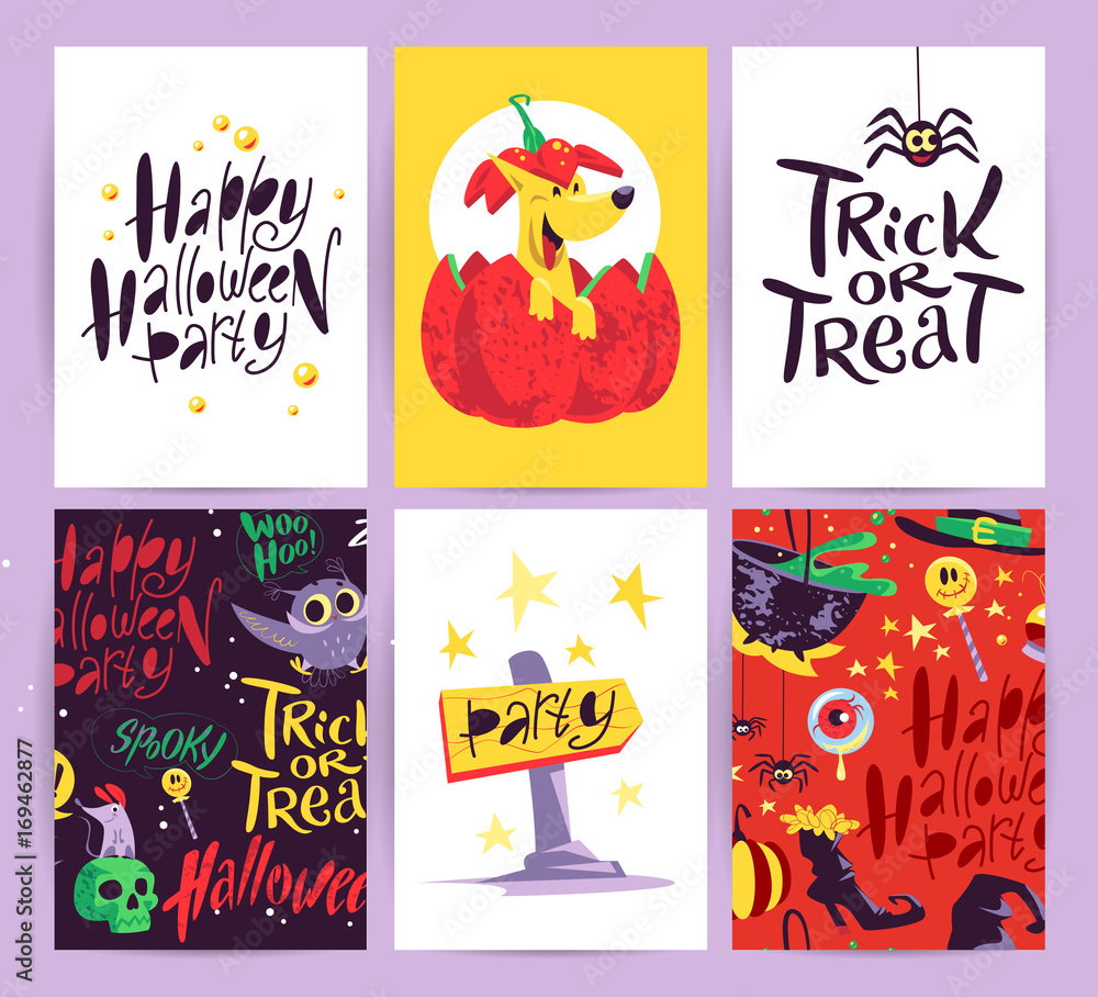 Vector collection of flat Halloween cards with traditional decoration elements Vector collection of flat Halloween cards with traditional decoration elements