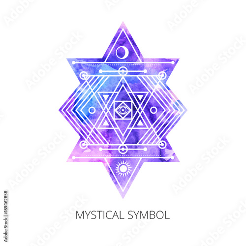 Sacred forms on  background of blue-violet  watercolor. Backdrop under clipping mask .  Vector