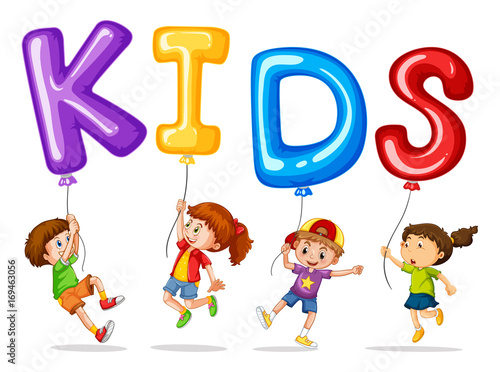 Kids with colorful balloons for word kids