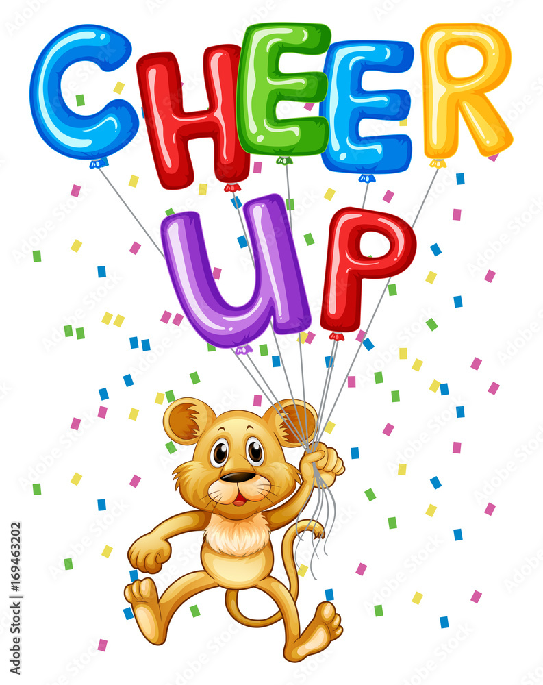 Naklejka premium Cute lion cub with balloons and word cheer up