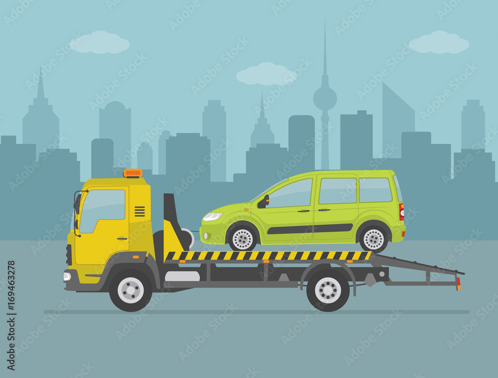 Green car on tow truck, on city background. Vector illustration. 
