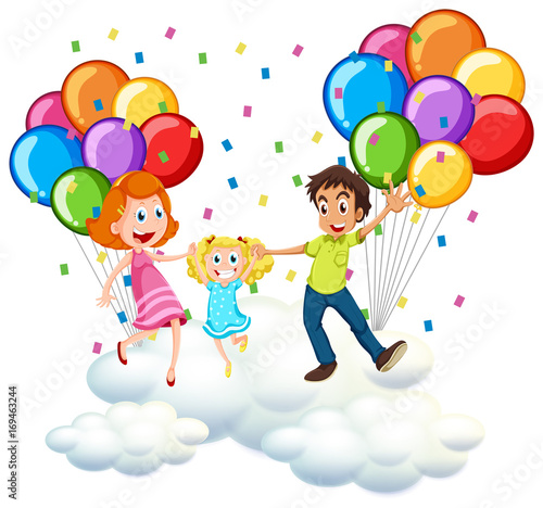 Parents and little girl on clouds with colorful balloons