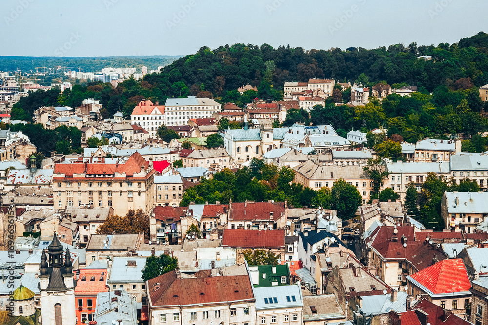 A view from above on the historical center of Lviv. The roofs of the old city..Roofs of Lviv, Ukraine