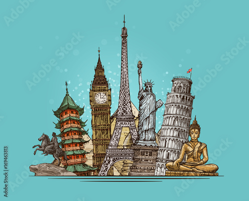 Travel, journey concept. Famous world landmarks. Sketch vector illustration