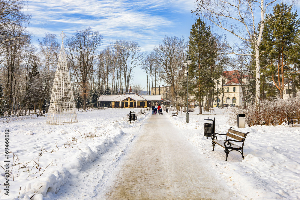 RABKA-ZDROJ, POLAND - DECEMBER 12, 2016: City park in winter RABKA-ZDROJ, POLAND - DECEMBER 12, 2016: City park in winter