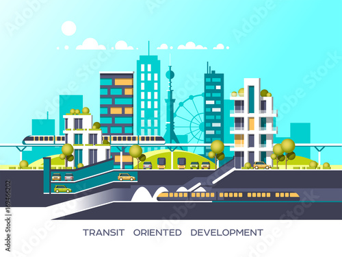 Flat illustration with city landscape. Transport mobility and smart city. Traffic info graphics design elements with transport, including bus, metro, train, cars.