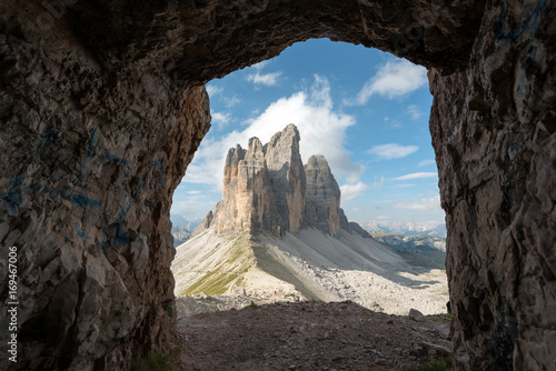 Europe, Italy, Dolomites, Veneto, Belluno. Tre Cime di Lavaredo seen from Trenches of the First World War on Mount Paterno