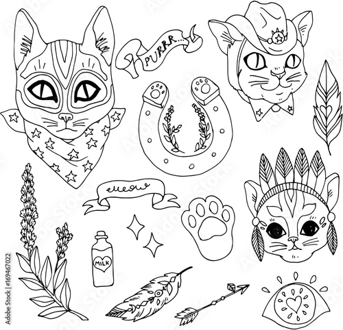 Set of wetern patches elements. Set of stickers, pins, patches and handwritten notes collection in cartoon 80s-90s comic style.Cats as a bandit, sheriff and Indians and other
