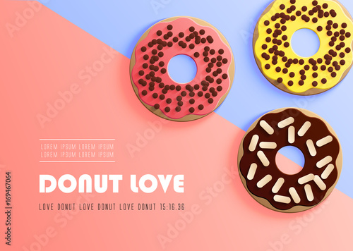 Donuts with pink, yellow and chocolate glaze fallin. Text donut love. Vector background, horizontal banner