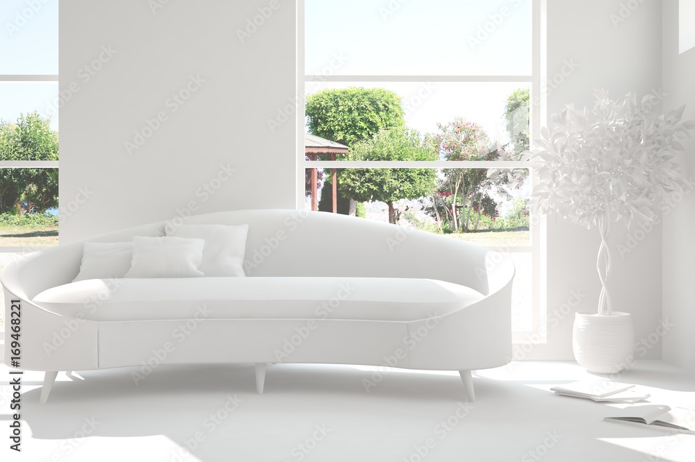 Idea of white room with sofa and summer landscape in window. Scandinavian interior design. 3D illustration Idea of white room with sofa and summer landscape in window. Scandinavian interior design. 3D illustration