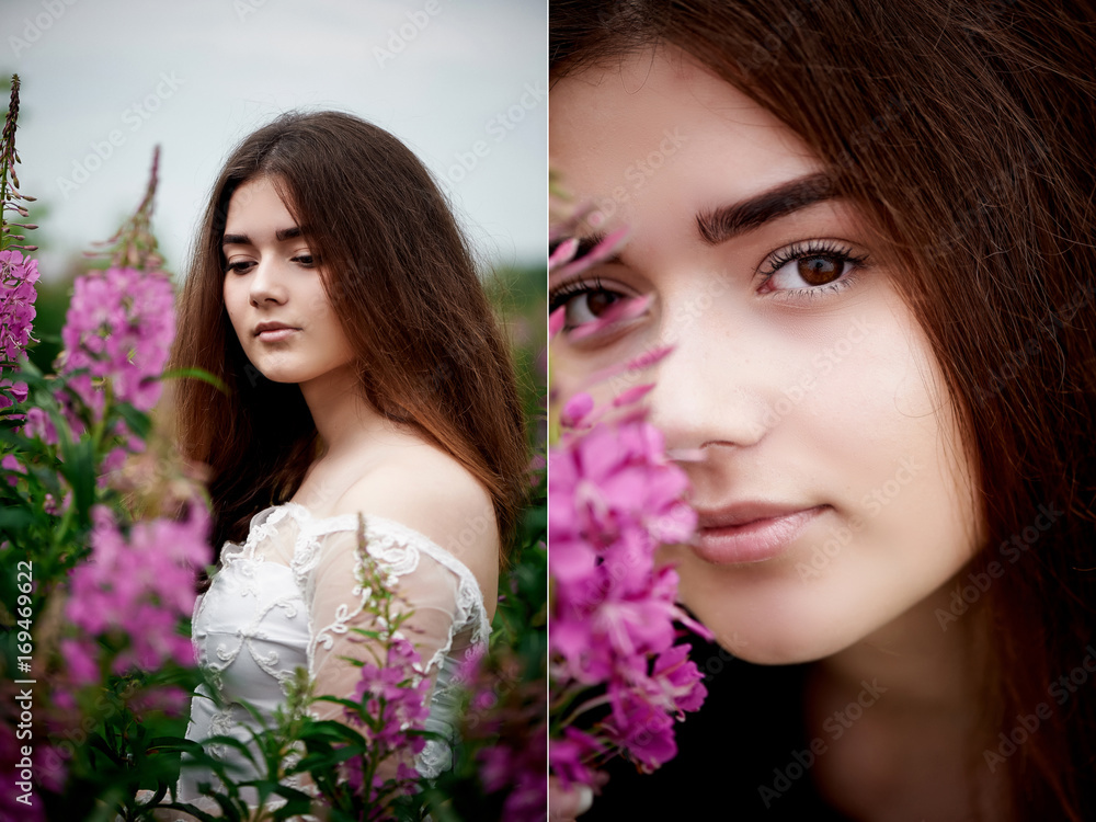 Beautiful bride in bright lace dress. In a field with Ivan-tea. Natural beauty, minimal makeup and loose hair. A child of nature Beautiful bride in bright lace dress. In a field with Ivan-tea. Natural beauty, minimal makeup and loose hair. A child of nature
