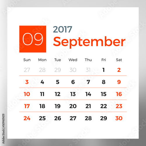 Calendar planner template for September 2017. Week starts on Sunday. Design print vector template isolated on color background