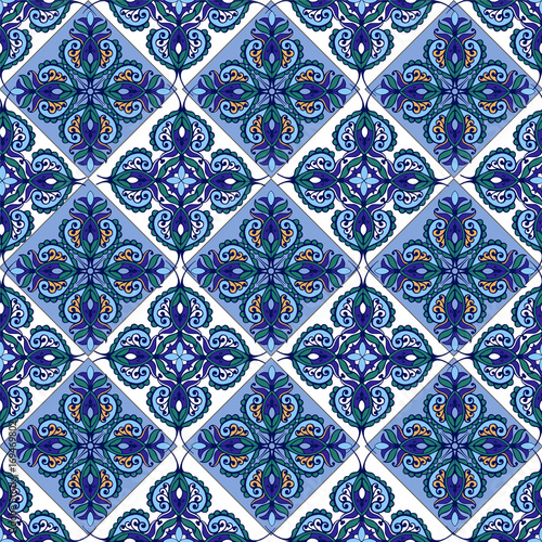 seamless damask pattern blue color.seamless ornament with tiles