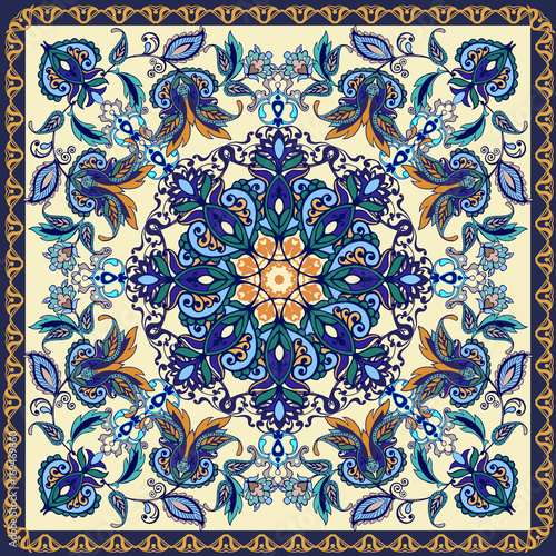 Fantastic flower ornament. Beautiful vector ornament. Card, bandana print, kerchief design, napkin.