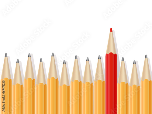 Line of simple pencils and one red pencil.