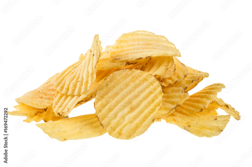Ribbed potatoes snack chips close up isolated on white background. Ribbed potatoes snack chips close up isolated on white background.