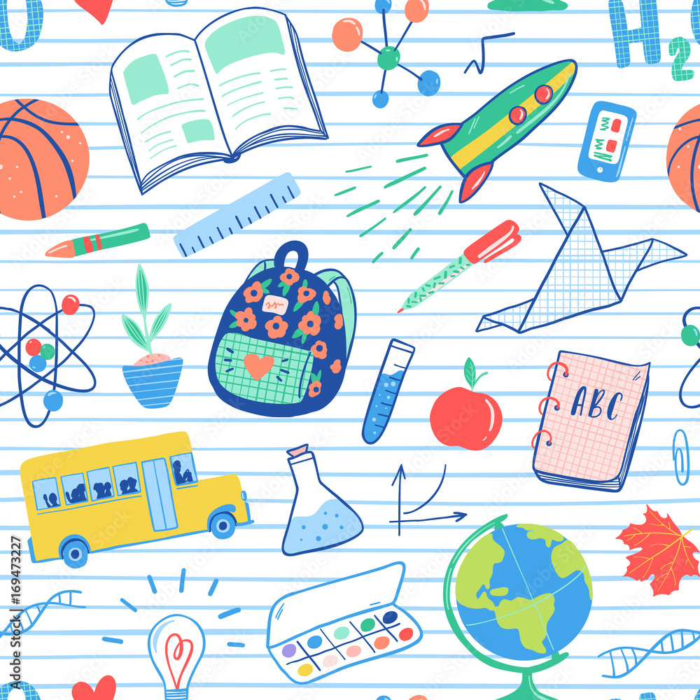 Back to school seamless pattern. Vector school bus, rocket, globe ...