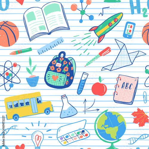 Back to school seamless pattern. Vector school bus, rocket, globe, backpack, ball, book, chemistry, test tubes, paint, plant, telephone. School doodles icons illustration.
