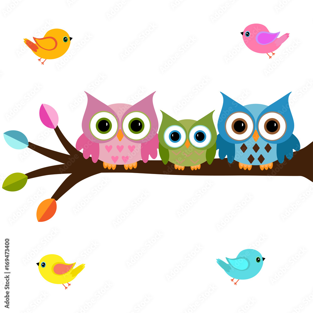 owls on a branch with birds owls on a branch with birds