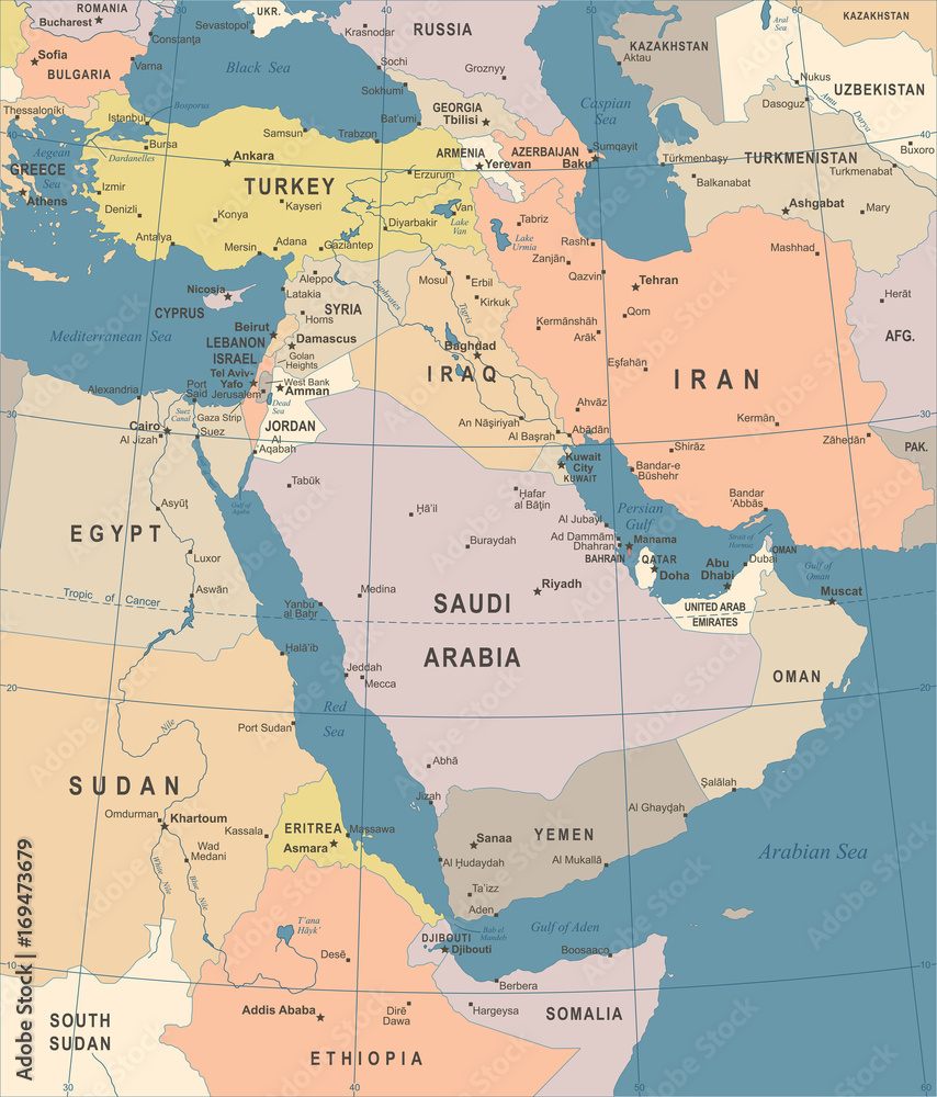 Middle East Map - Vintage Vector Illustration