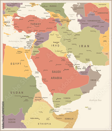 Middle East Map - Vintage Vector Illustration