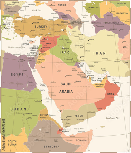 Middle East Map - Vintage Vector Illustration
