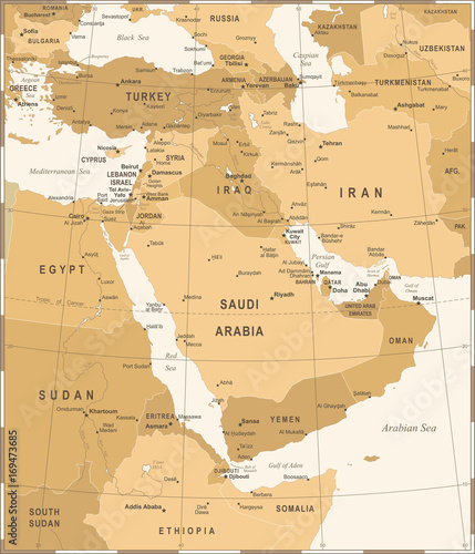 Middle East Map - Vintage Vector Illustration