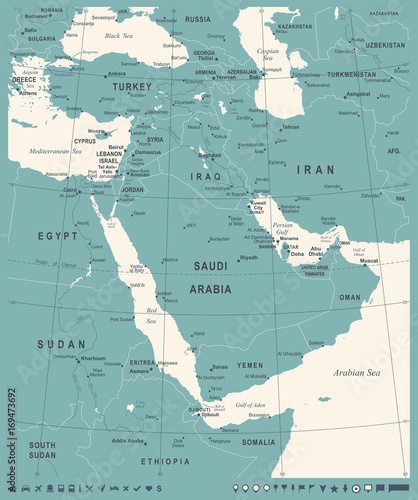 Middle East Map - Vintage Vector Illustration
