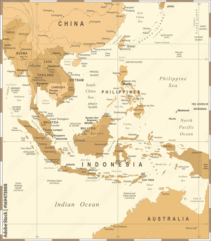Naklejka Azja Południowo-Wschodnia mapa - rocznik ilustracji wektorowych
