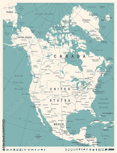 North America Map - Vintage Vector Illustration