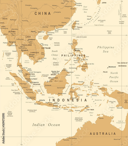 Southeast Asia Map - Vintage Vector Illustration