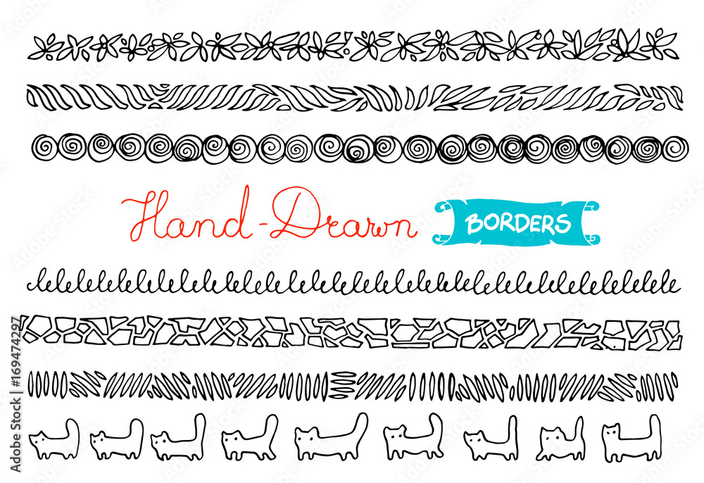 Hand - drawn borders. Collection of simple hand - drawn borders