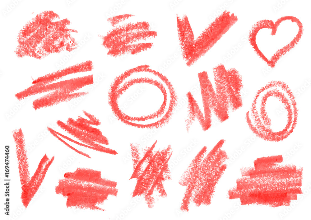 Crayon, dry brush, lipstick rough strokes, doodles set. Stock Vector