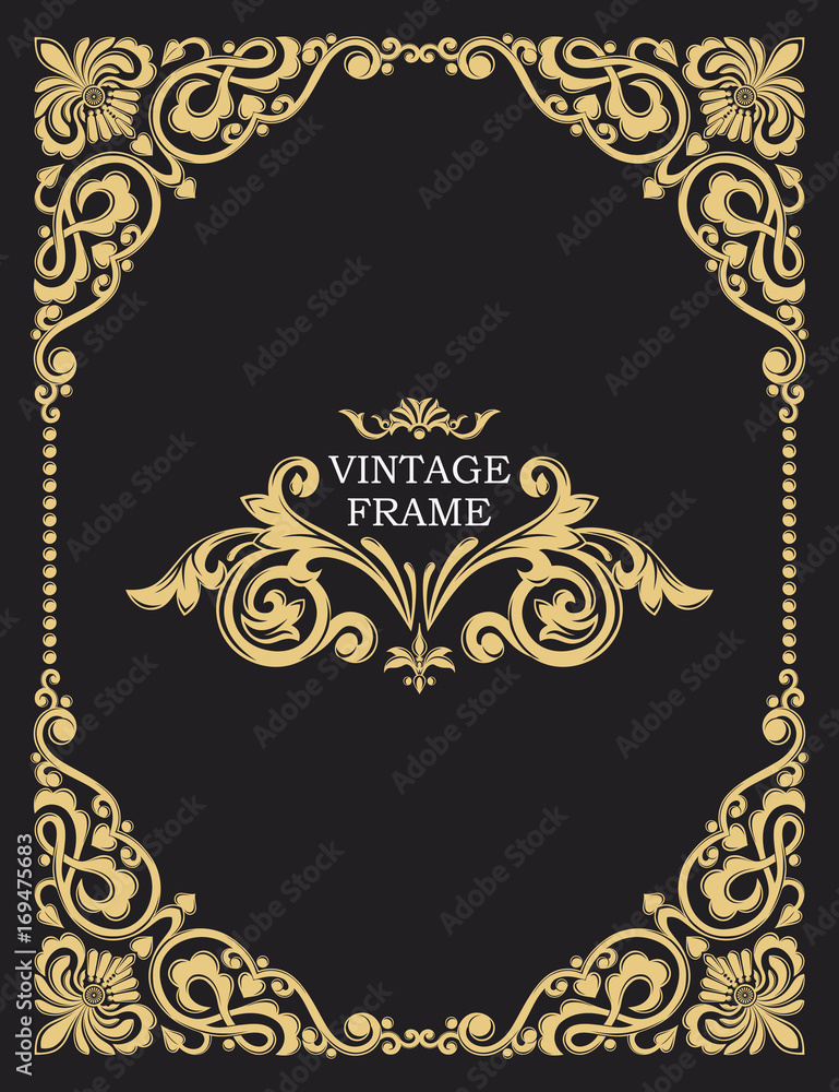 Gold decorative frame. Vector vintage templates. The past. Monogram, initials, jewelry. Luxurious template for design of books, invitations, postcards, booklets, business cards and brochures