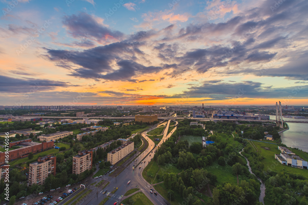 City during warm sunset. SaintPetersburg skyline in sunset, Russia.