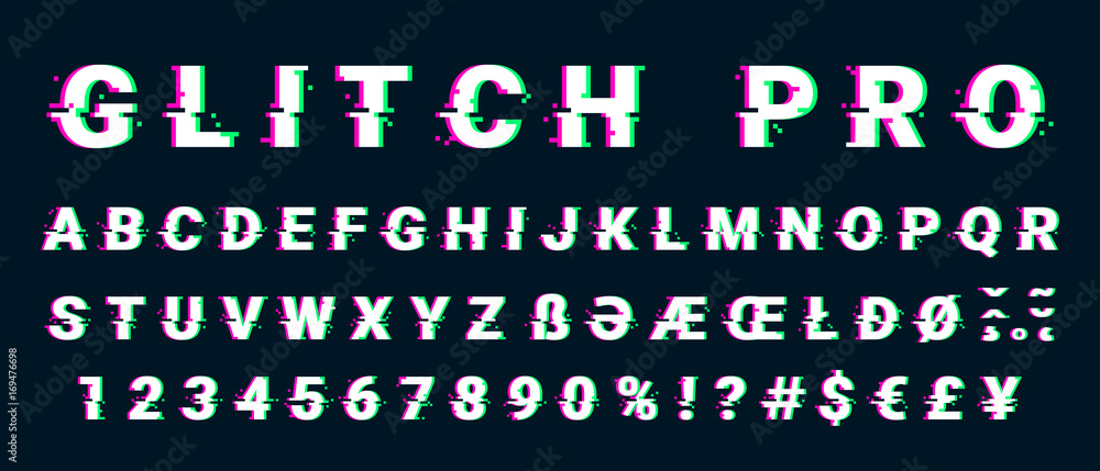 Plakat Usterka zniekształcony zestaw liter czcionki z zepsutym efektem pikseli