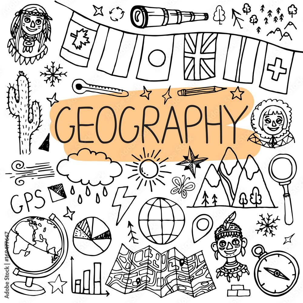 Dessin Page De Garde Géographie Hand drawn doodles for geography lessons. Vector back to school