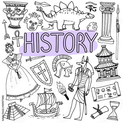 Hand drawn doodles for history lessons. Vector back to school illustration.