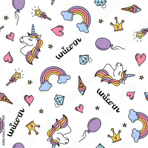 Unicorn, rainbow and hearts seamless pattern hand drawing isolated on white back Fototapeta