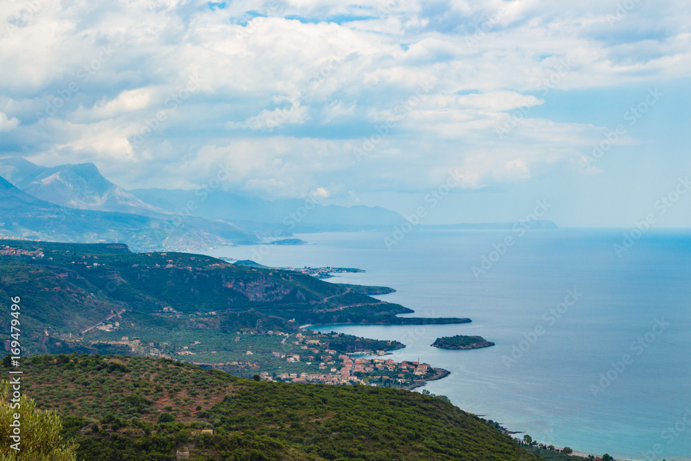 Landscape view of the blue water coast line, Peloponesse, Greece