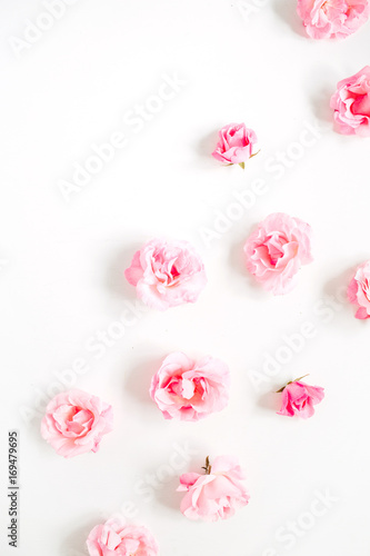 Pink rose buds pattern on white background. Flat lay, top view. Valentine's background. Pattern of flowers.