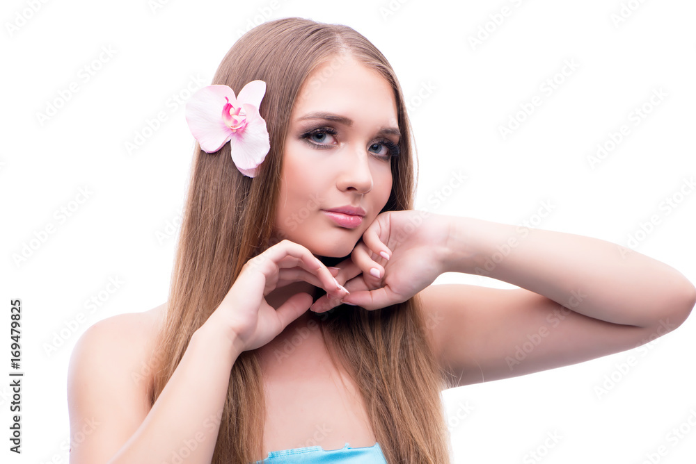 Beautiful young female model with make up posing isolated on whi Beautiful young female model with make up posing isolated on whi