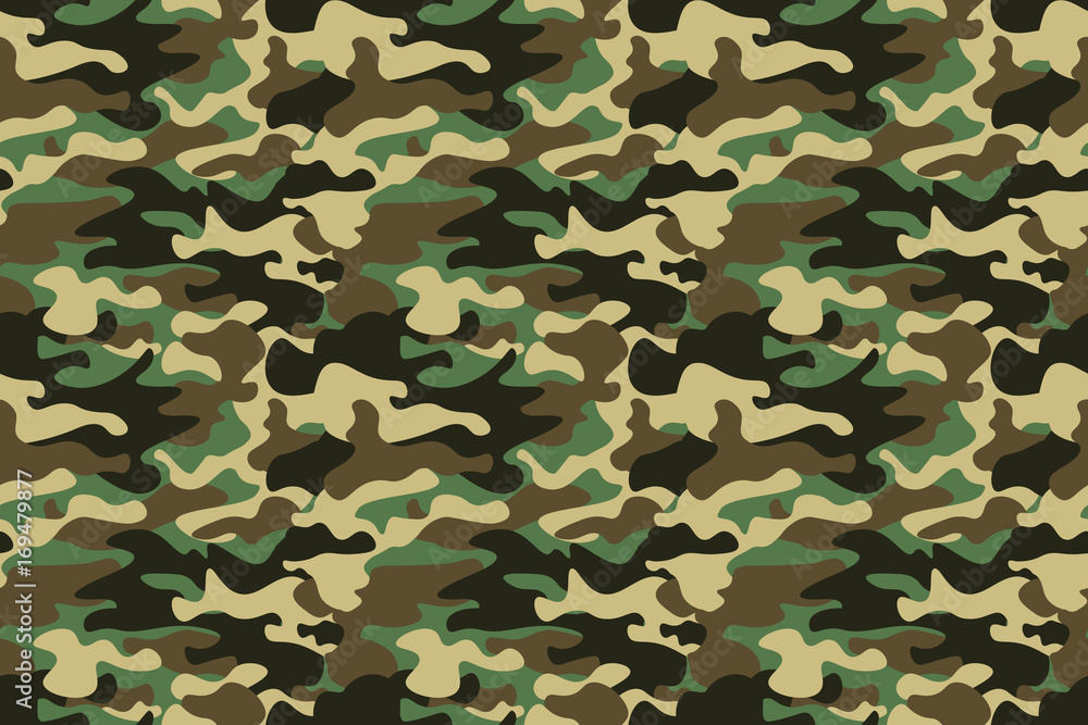 Fototapeta Camouflage seamless pattern background. Horizontal seamless banner. Classic clothing style masking camo repeat print. Green brown black olive colors forest texture. Design element. Vector illustration